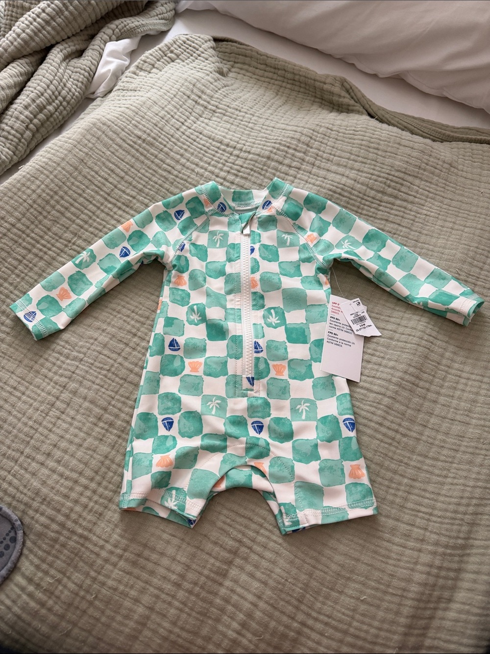 Old Navy Short Sleeve One-Piece Romper Swimsuit in Mint and White